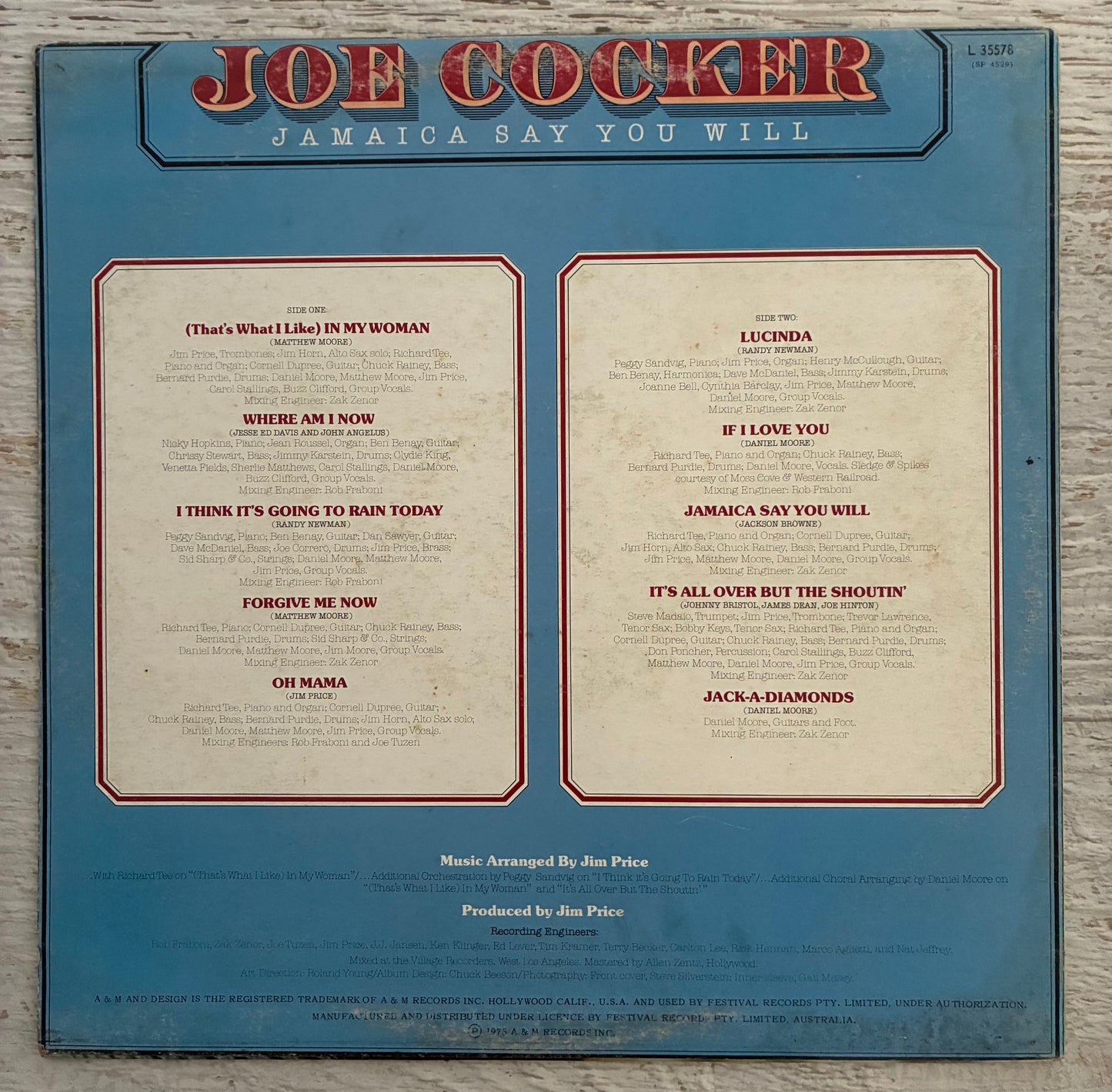 Joe Cocker - Jamaica Say You Will (1975 Aus Pressing 12" Vinyl) (Used/2nd Hand)