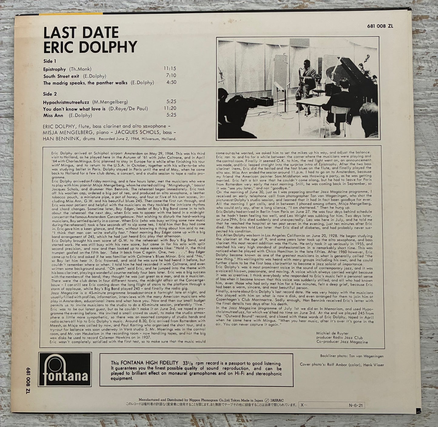 Eric Dolphy - Last Date (1984 Japanese Pressing 12" Mono Vinyl) (Used/2nd Hand)