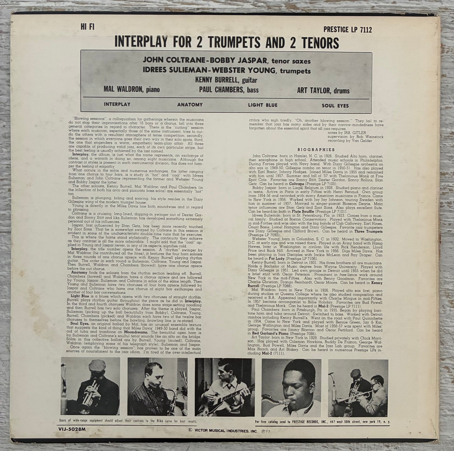 Idrees Sulieman, Webster Young, John Coltrane, Bobby Jaspar With Mal Waldron, Kenny Burrell, Paul Chambers, Art Taylor – Interplay For 2 Trumpets And 2 Tenors (1977 Japanese Pressing Mono 12" Vinyl) (Used/2nd Hand)