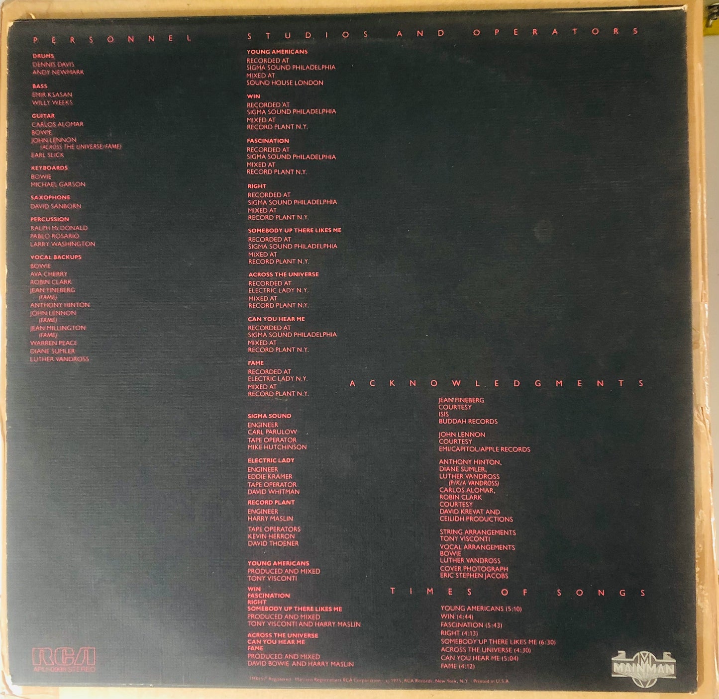 David Bowie - Young Americans (1975 U.S. Hollywood Pressing 12" Vinyl) (Used/2nd Hand)